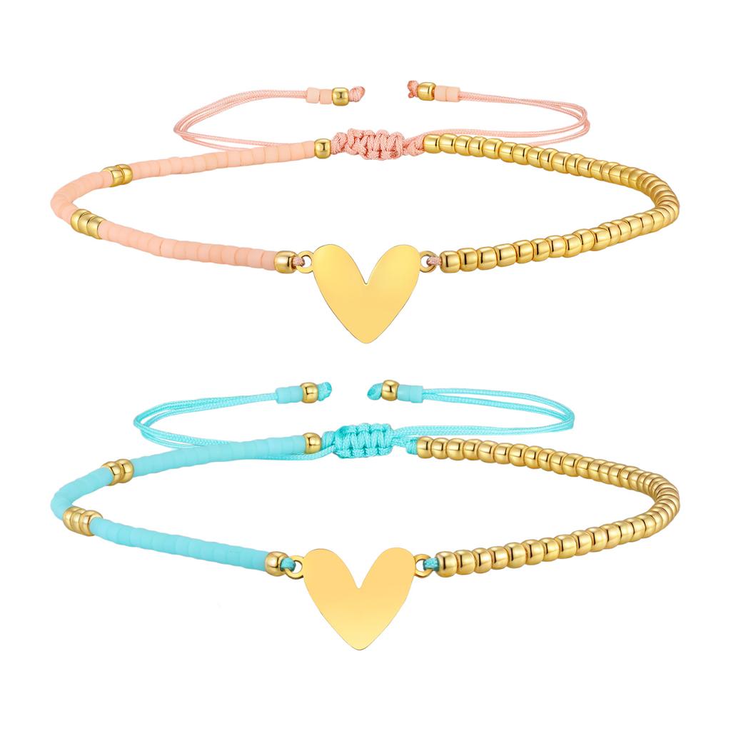 Bohemian Handmade Heart Bracelet, Adjustable Beads Rope Bracelet Stackable for Women Waterproof Jewrlry