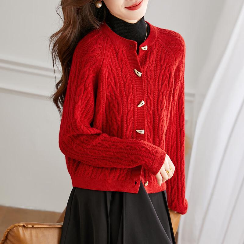 Srcr Women's 100% Pure Wool Cable Knit Cardigan