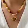 Bohemia Natural Stone Necklace Handmade Beaded Chain Necklace Gold Plated Heart Pendant Necklace Present for Women