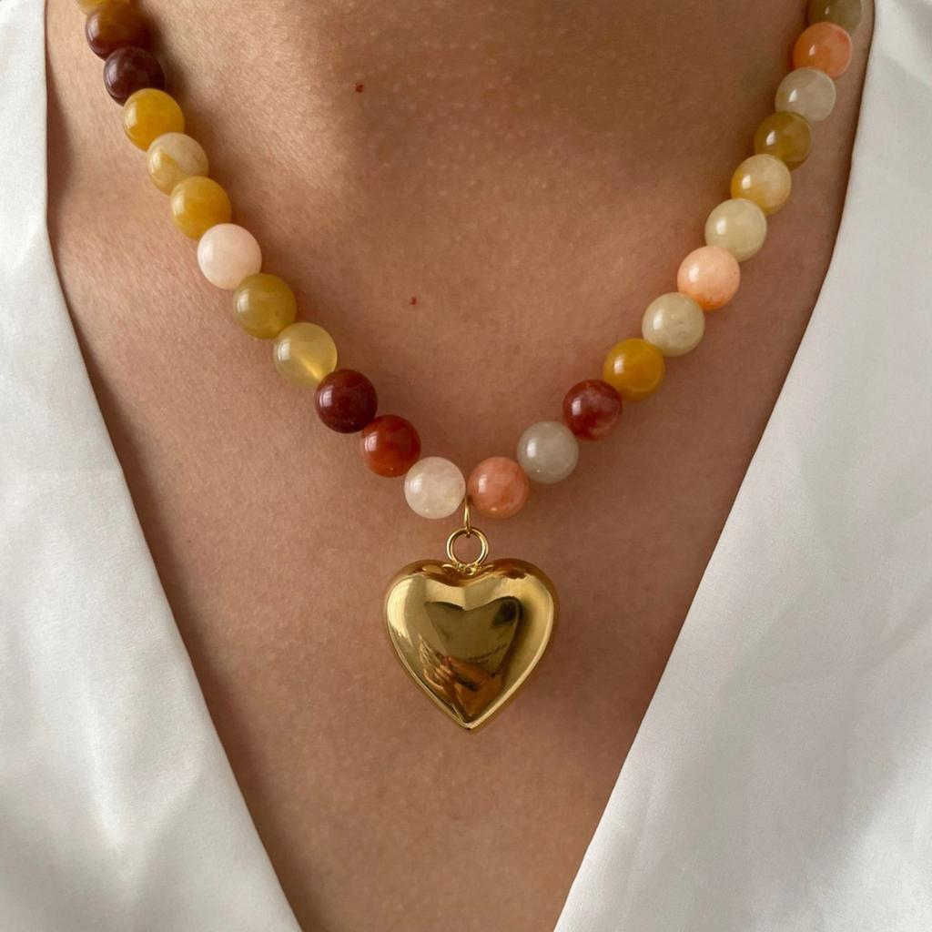 Bohemia Natural Stone Necklace Handmade Beaded Chain Necklace Gold Plated Heart Pendant Necklace Present for Women