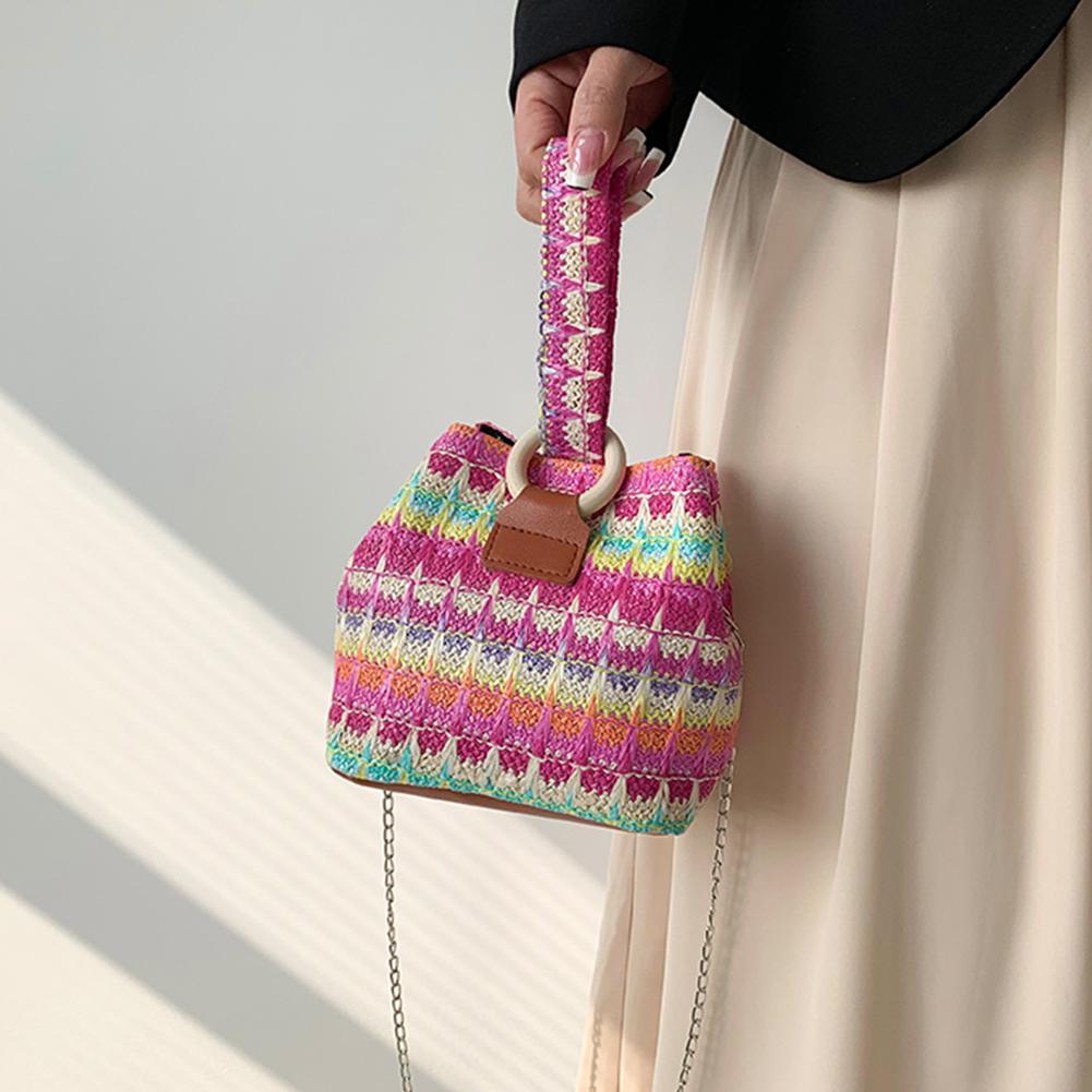 

Лето 2024, красочная соломенная тканая сумка на запястье, модная мини-сумка ручной работы, женские кошельки на цепочке, вязаная маленькая сумка розовый
