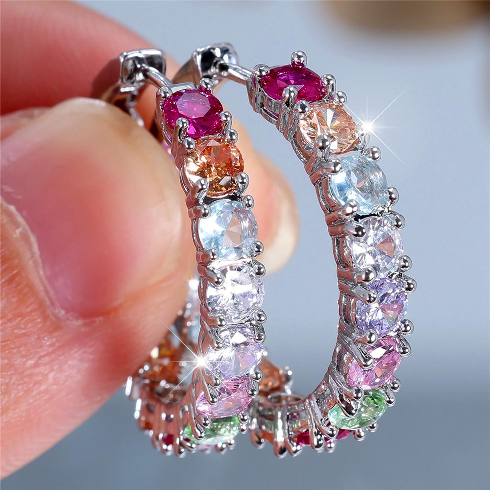 

Charm Female Rainbow Zircon Stone Hoop Earrings Silver Color Simple Round Wedding Jewelry For Women