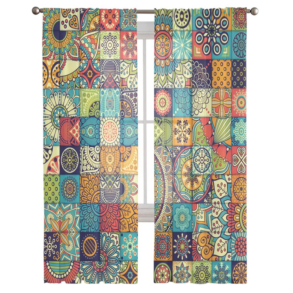 Light Filtering Mandala Pattern Curtains Living Room Modern Voile Curtain Bedroom Tulle Window Drapes Decor Bohemian Made Of Polyester Washable Ready
