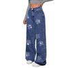 Women Floral Rhinestone Embellished Wide Leg Jeans High Waisted Casual Denim Pants