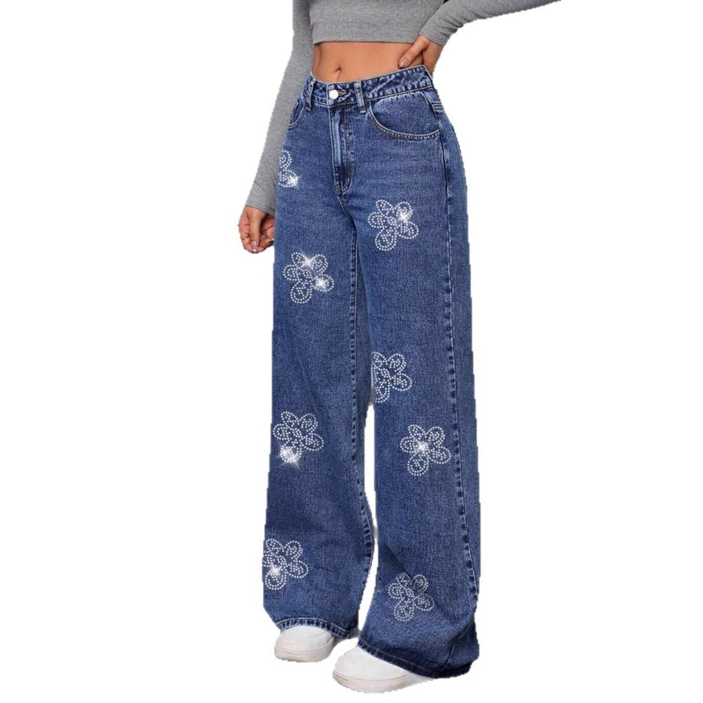 Women Floral Rhinestone Embellished Wide Leg Jeans High Waisted Casual Denim Pants