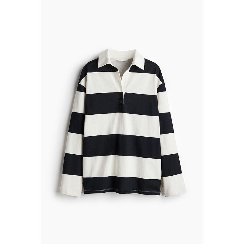 

HM Women s T-shirt 2025 Autumn New Arrival Casual Minimalist Plaid Stripes Loose Long Sleeves Polo Shirt 1238509 White/Navy striped 006 170/116