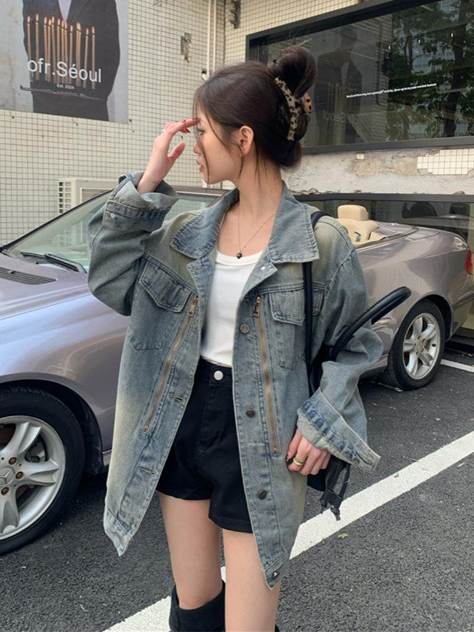 2026 Spring Plus Size Korean Style Women's Denim Jacket - Long Sleeve, Loose, Trendy New Arrival