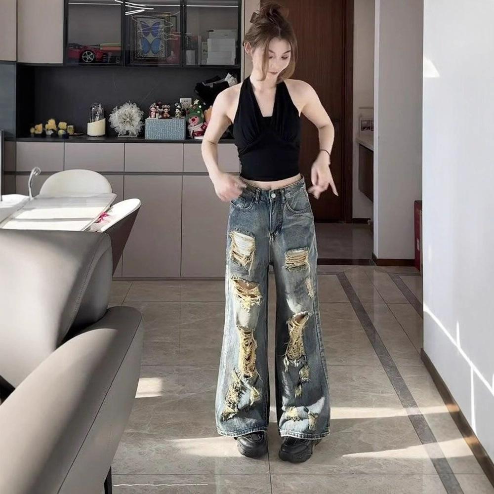 Do Old Hole Straight Jeans Women Autumn Retro Wide-leg Trousers Casual High-waisted Thin Dragged Floor Trousers Jeans for Women Long Denim Pants