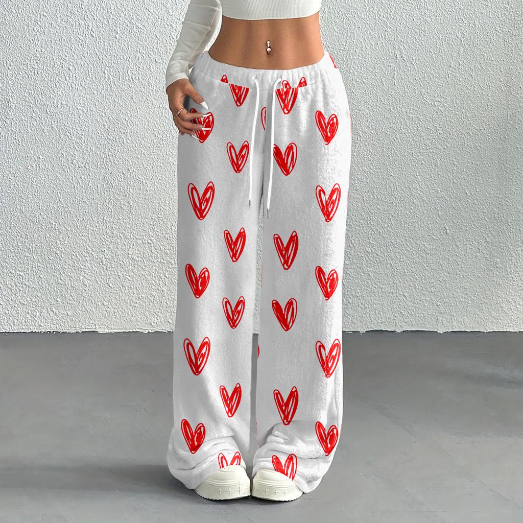 Women's Casual Fashion Printed Elastic Waist Loose Straight Leg Pants With Rope