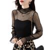 Women T-Shirt See Through Transparent Mesh Tops Long Sleeve Sheer Slim Ladies Turtleneck Silk Ruffled Edge T Shirt Lace Crop Top
