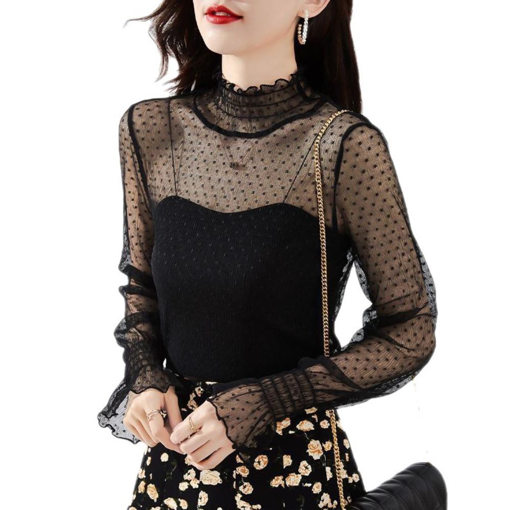 Women T-Shirt See Through Transparent Mesh Tops Long Sleeve Sheer Slim Ladies Turtleneck Silk Ruffled Edge T Shirt Lace Crop Top
