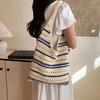 Chic Blue & White Striped Knit Crochet Shoulder Bag Versatile Large Capacity Hollow Out Casual Tote for Women Summer Beach Vacations AVE