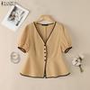 Women Casual V-Neck Solid Color Summer Short Sleeve Blouse