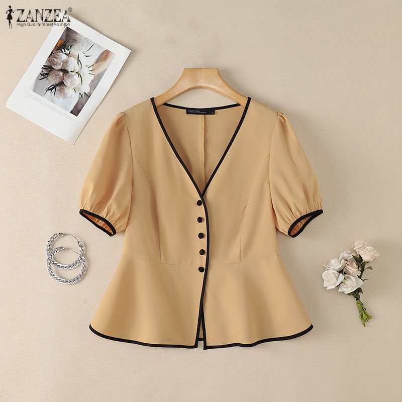 ZANZEA Blusa estiva casual da donna con scollo a V, tinta unita, manica corta