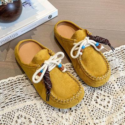 Fashion Women's Flat Shoes Cover Toe Slingback Lace-up String Bead One Kick Increased Internal Slippers All-match RetroSuede Women Shoes