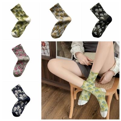 5Pairs Patchwork Floral Short Socks Breathable Mid-calf Socks Mid Tube Socks Ankle Hosiery Ethnic Style Retro Socks Spring