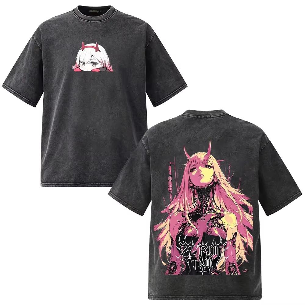 Washed Vintage Anime Darling In The Franxx Zero Two Graphic T Shirt Men Women 90s Manga Casual Y2K Gothic Cotton Oversized T-shirts