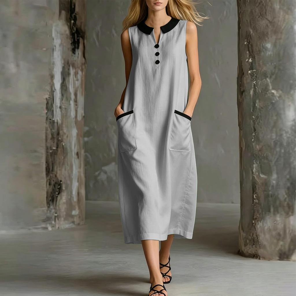 Women's Casual Sleeveless Dress with Doll Collar Color Block Design Midi Length Pockets Button Front Loose Fit Summer Dress