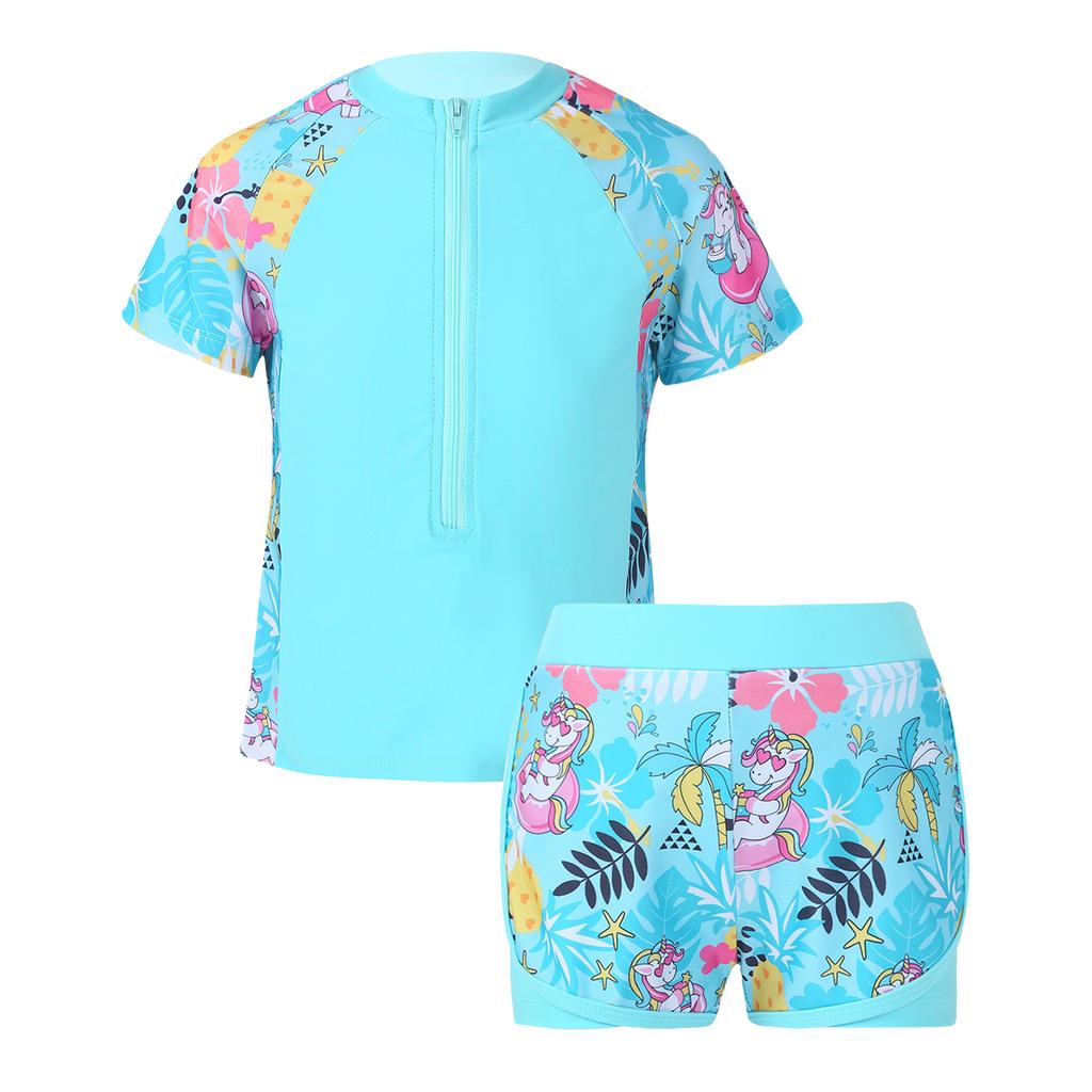 Front Zipper Closure Short Sleeves Stand Collar Tops + Elastic Waistband Shorts Floral Print Quickly Dry Swimwear 2Pcs Sets