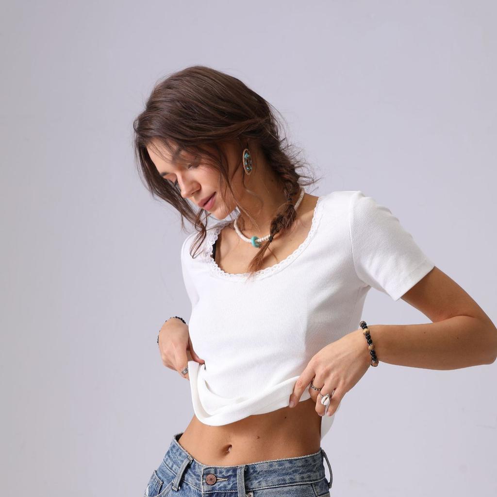 Summer women's clothing knitted short slim-fitting short-sleeved top European and American simple lace neckline elegant breathable elastic T-shirt