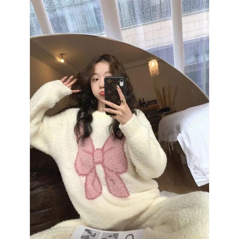 Women's Winter Warm Pajamas Sets Comfortable Long Sleeved Print Color Jacquard Thickened Loose Fleece Pullover 2 Piece Sets