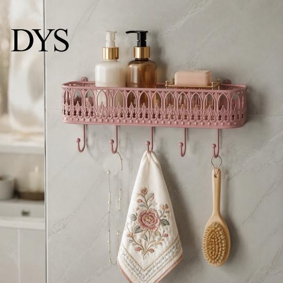 French Country Wall Shelf Mounted Floating Shelves, Metal with 5 Hooks, Key Holder Rustic Plant Stand Mail Organizer, Storage Rack for Entryway Living