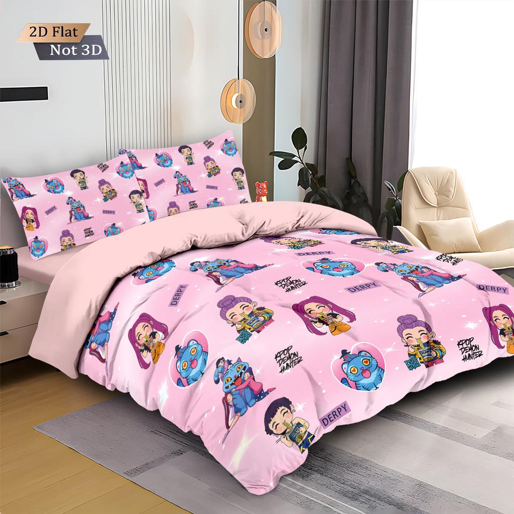 3pcs K-Pop Demon Hunters Print Coreless Down Duvet Cover Various Sizes Soft Bedroom Bedding Decoration, Machine Washable
