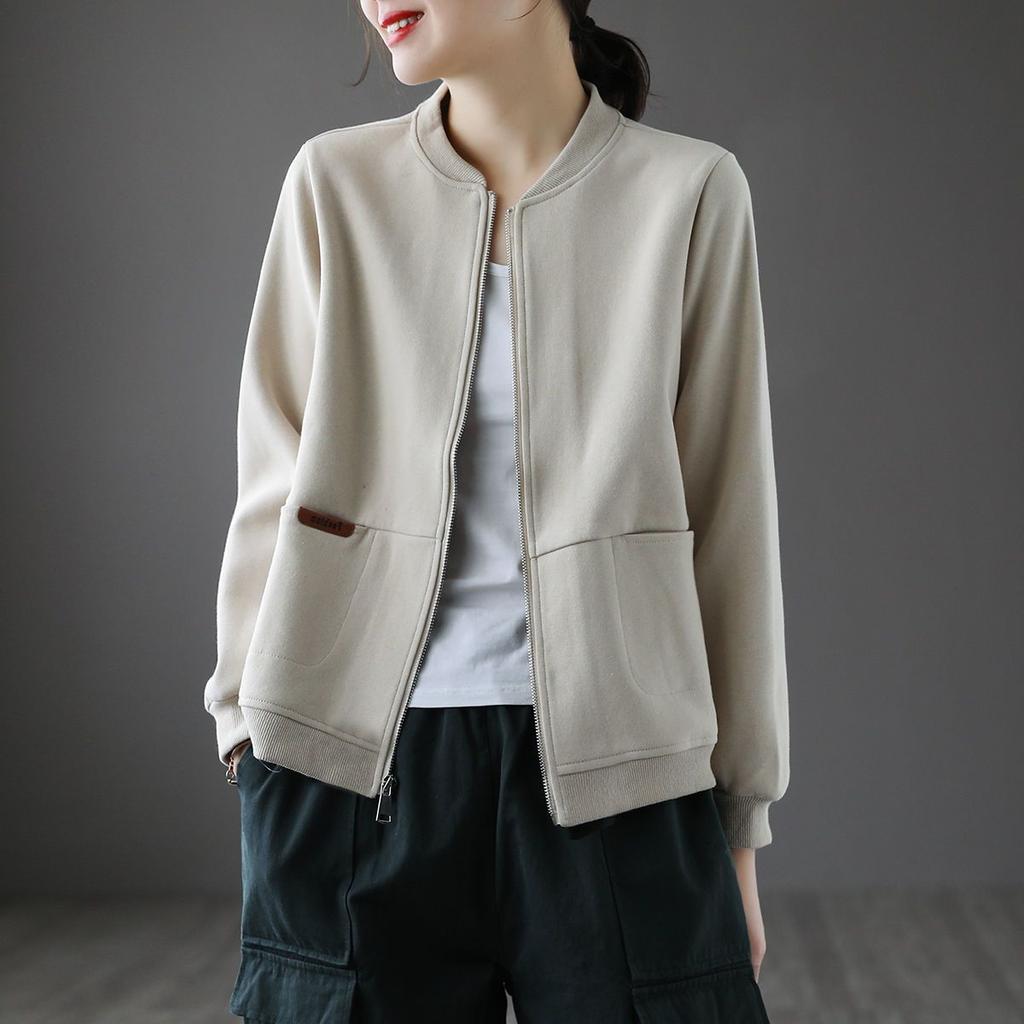 Women's Spring and Autumn Short Solid Color Jacket Loose Zipper Round Neck Casual Baseball Apparel