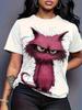 Trendy And Unique Rose Red Angry Cat Print Women'S White T-Shirt. Fashionable. Comfortable. And Versatile Round Neck Top