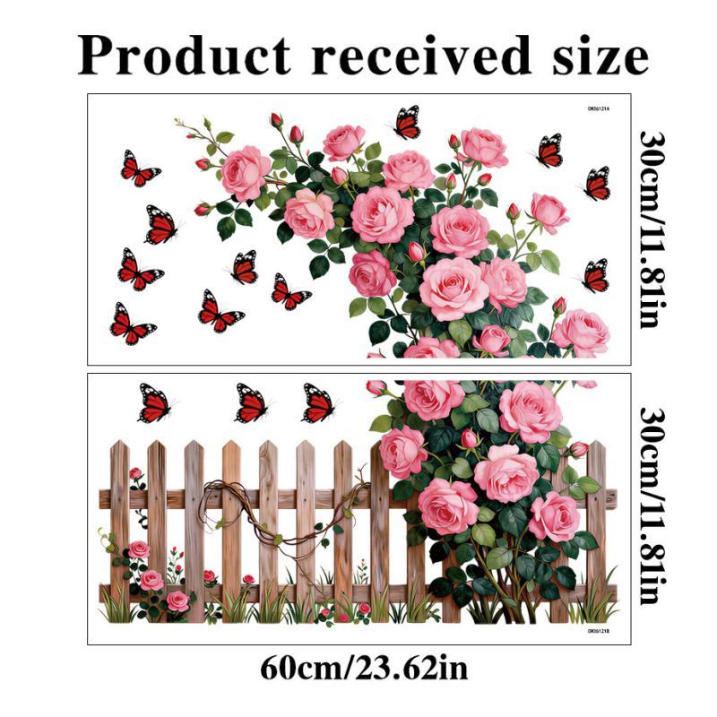 Romantic Rose Wall Decals, Rose Vine Fence Floral Stickers Wall Art Murals, Peel And Stick Self-Adhesive Stickers For Girls Bed