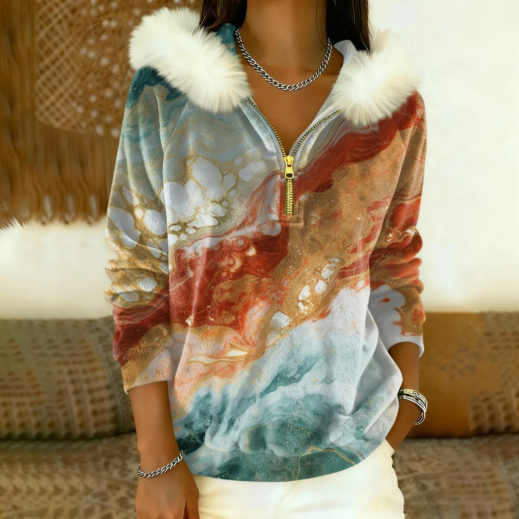 Damska luźna i wygodna codzienna moda bluza z kapturem z krótkim zamkiem błyskawicznym i długim rękawem z konwencjonalnym nadrukiem