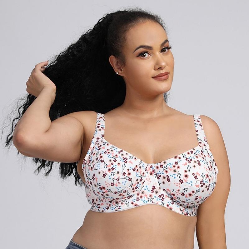 Ultra-thin Fine Cotton High-quality Wide Shoulder Straps Steel Ring Plus Size Bra European and American Printed Underwear