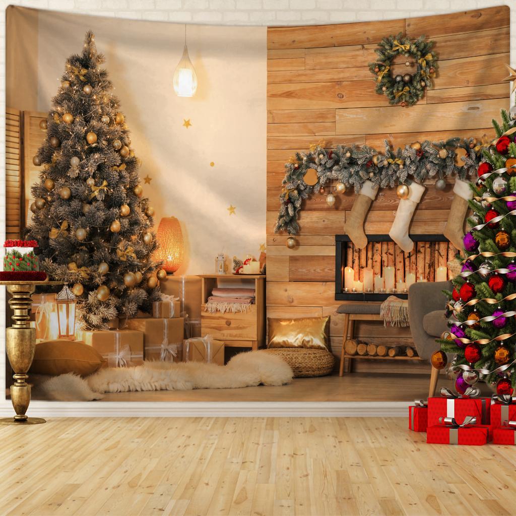1pc Christmas Tapestry, Christmas Tree Fireplace Snow Background Cloth, Christmas Party Photography Background Wall Cloth