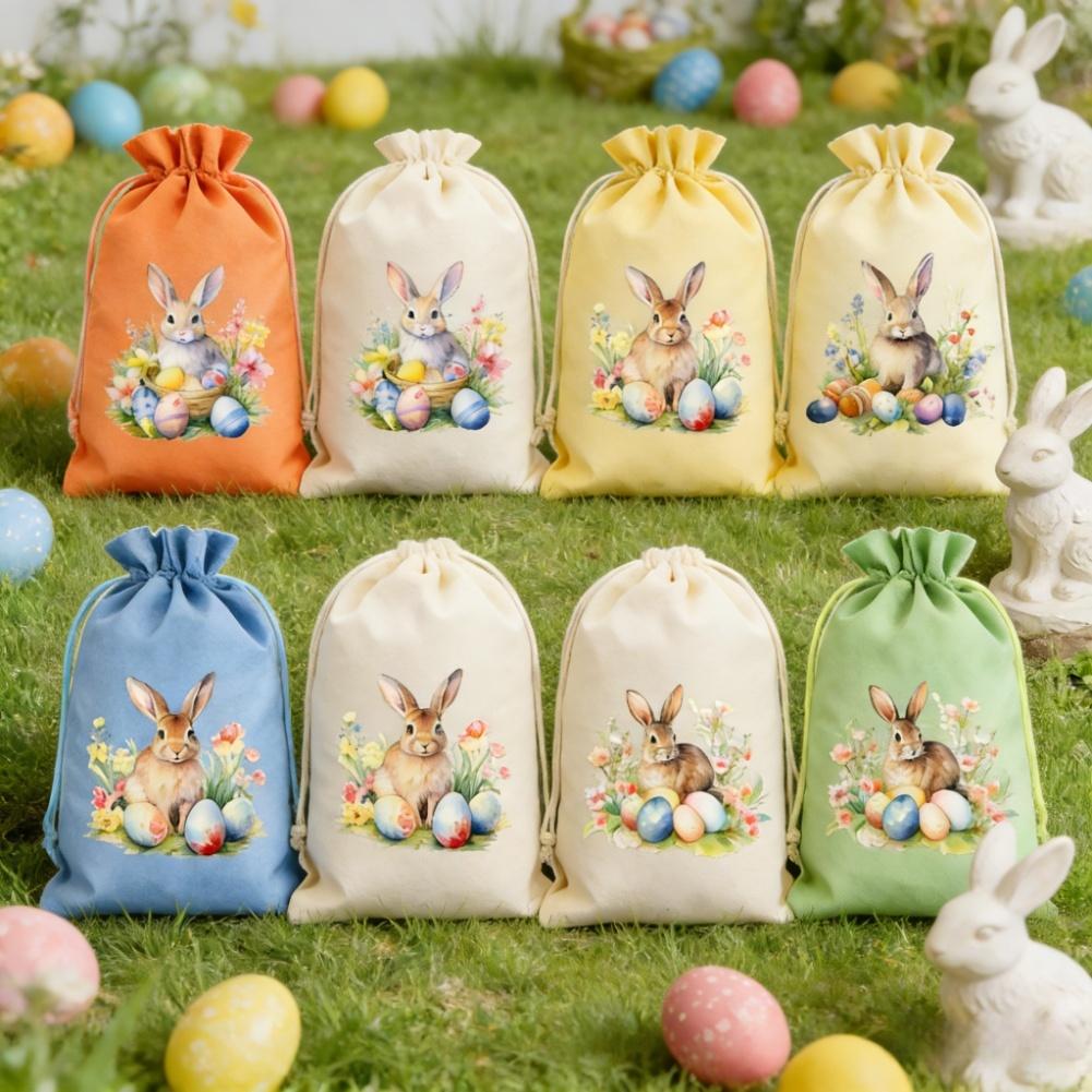 Party Favor Drawstring Bag Large Easter Bunny for Candy Egg and Toy Storage Linen Cotton 8 Pack Multiple Sizes for Events