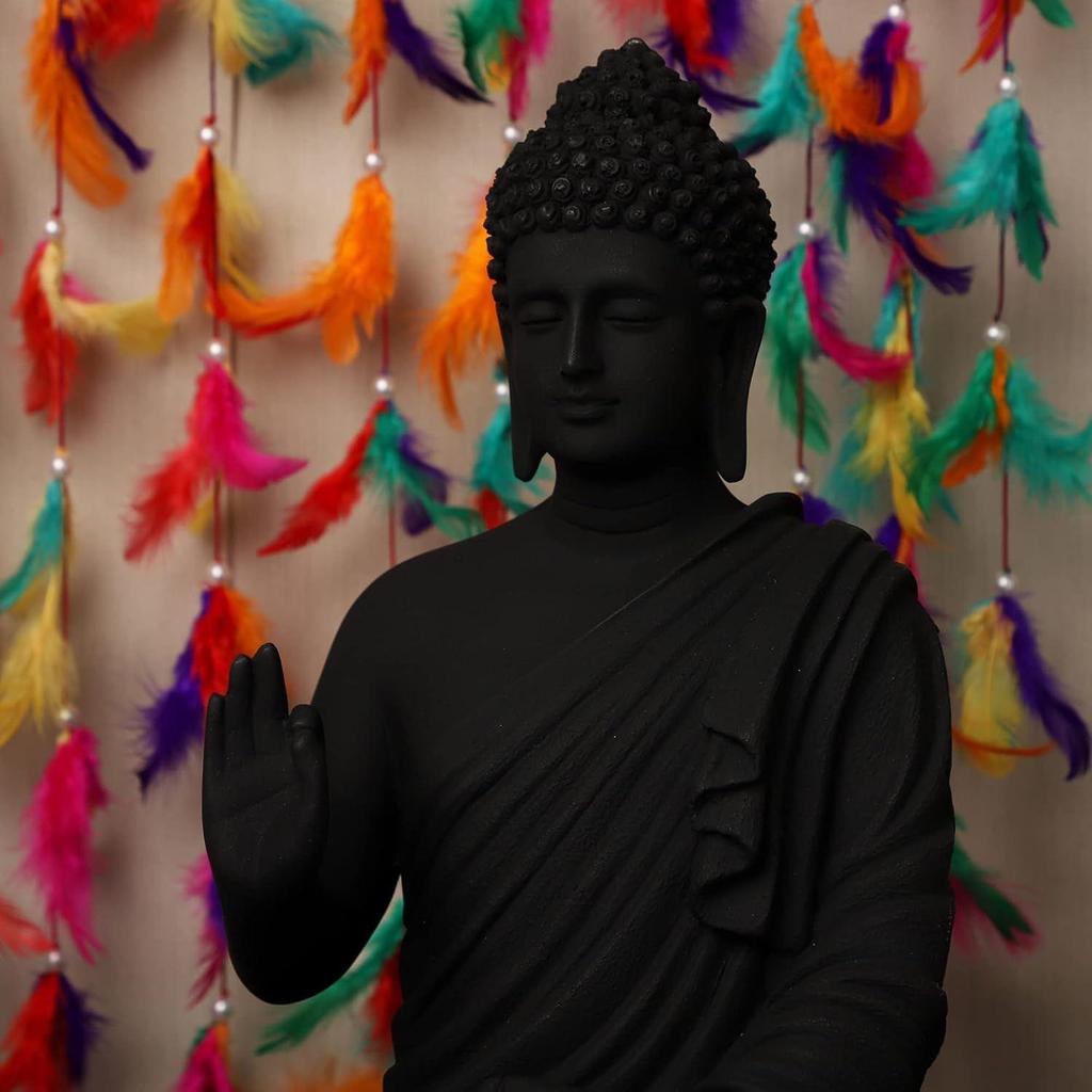 Sitting Buddha Statue for Home & Office Decor, Marble Dust Idol Statue of Resin 15 Inch (Black), Religiousb