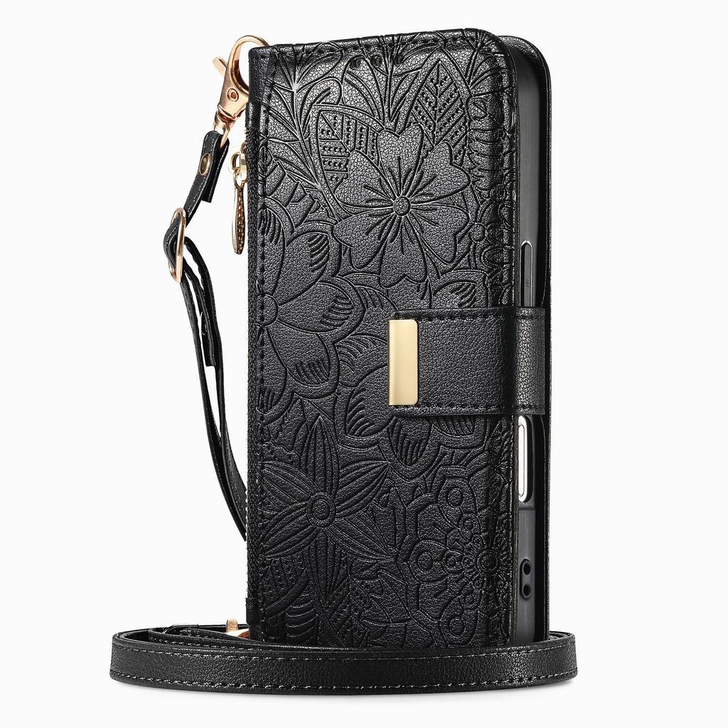 Florales Leder-Wallet-Case für iPhone 12-17 Serie. mit abnehmbarem Schultergurt