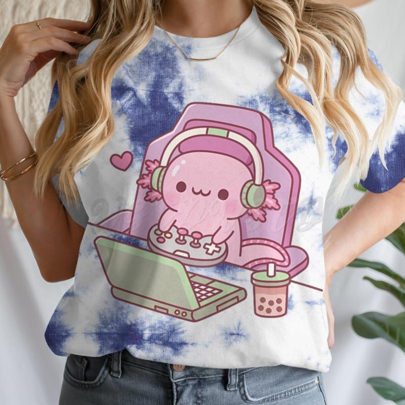 Cute Axolotl Playing Games T-shirt Female Casual Summer Drink Top Tie Dye Boba Tea Cartoon T-shirts Gamer Funny Short Sleeve Tee