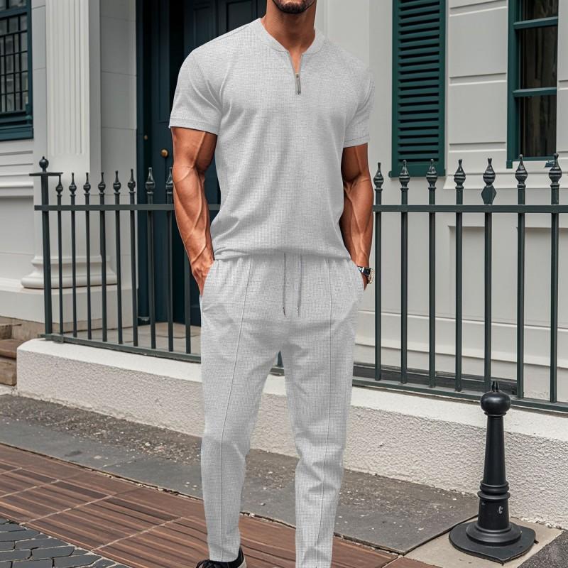 Mens Waffle Knit Stand Collar Zipper Short Sleeve Top Long Pants Set Casual Outfit