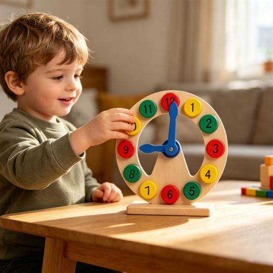 Kids Wooden Clock Toy Preschool Number Color Recognition Time Learning Clock Toddlers Educational Clock Teaching Aid with Movable Hands