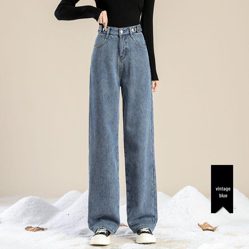

Women s Autumn & Winter Fleece-Lined Wide-Leg Jeans - Warm, Slimming, Versatile, Floor-Length, Straight-Leg Pants, Trending Style. Extra Large