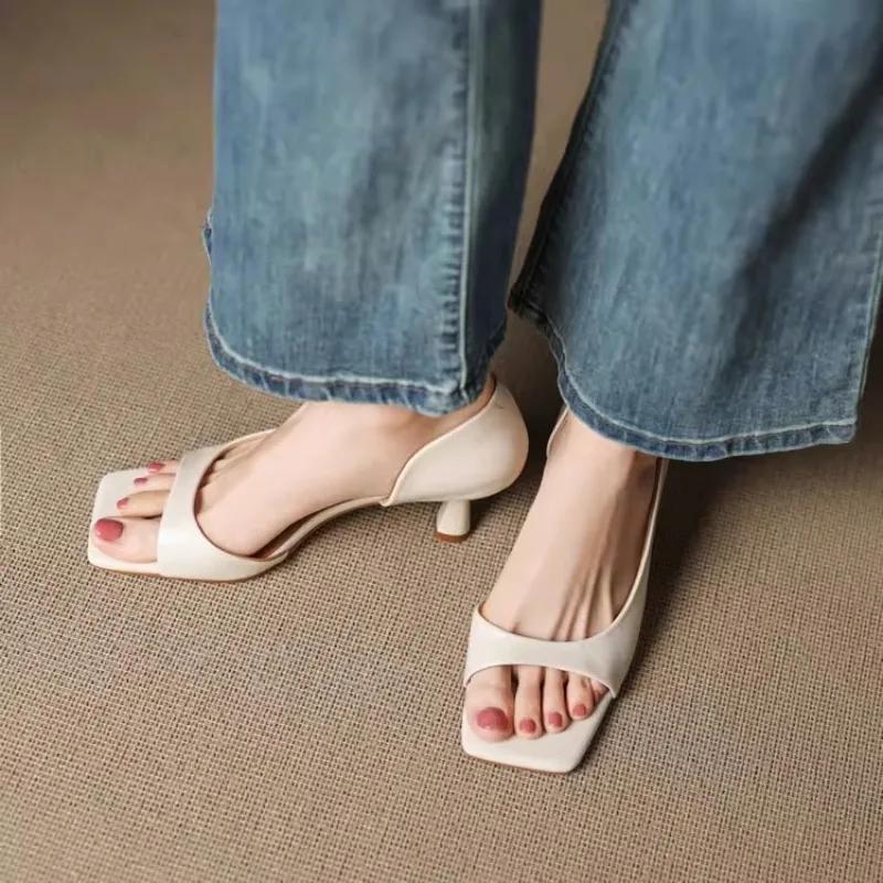 2026 Fashion Genuine  Sandals for Women Square Toe Strange Heels 4.5cm Slip on Sexy Dating Party Female Shoes