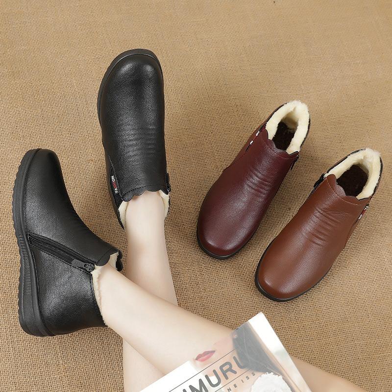 Winter new cotton shoes medium flat non-slip snow boots middle-aged and elderly velvet warm short boots elderly leather shoes