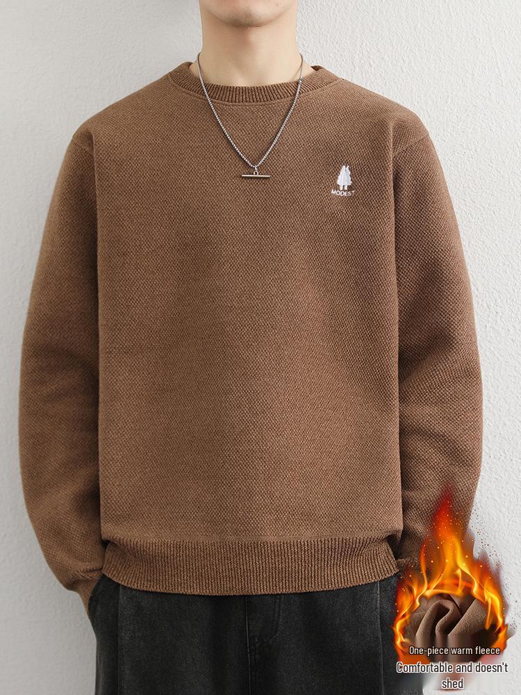 Men's Youth Velvet Thickened Wool Sweater - Embroidered, Warm, Trendy Round Neck Knitwear for Autumn and Winter