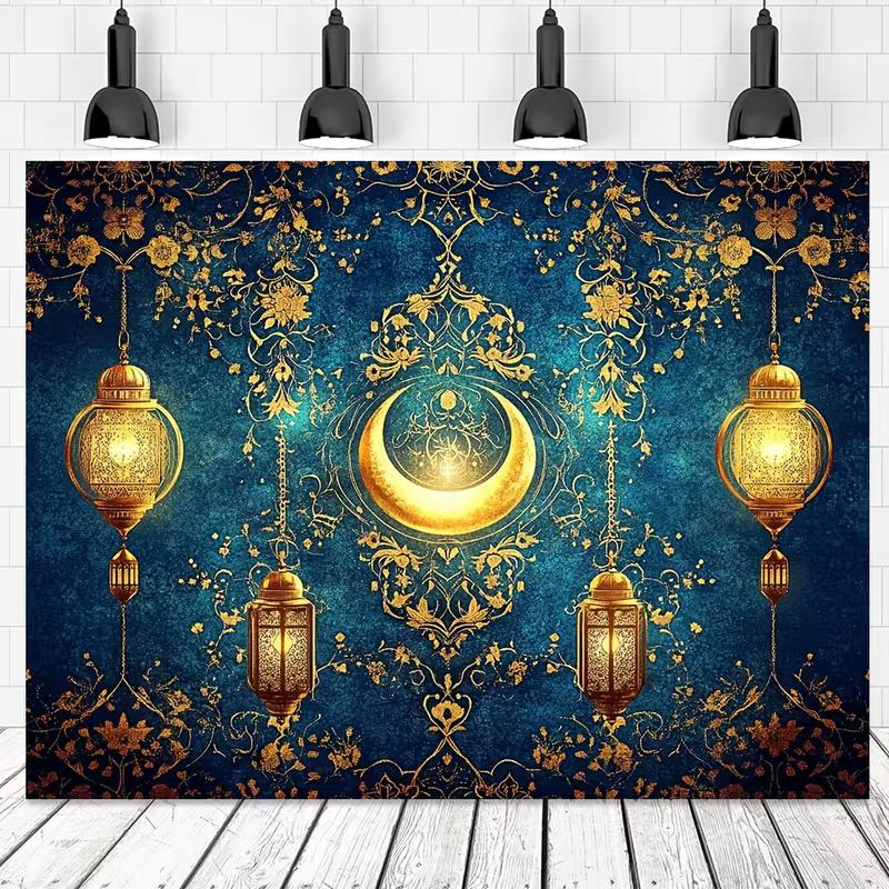 2D Ramadan Kareem Backdrop Blue Gold Moon & Lantern Photography Background for Eid Party