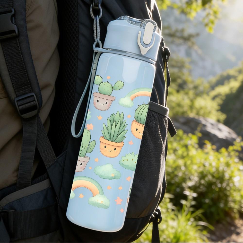 1PC Cactus Rainbow Repeat Pattern 750ml Color Plastic Sports Water Bottle Leakproof Flip Straw Lid Suitable for Sports Office Home Use