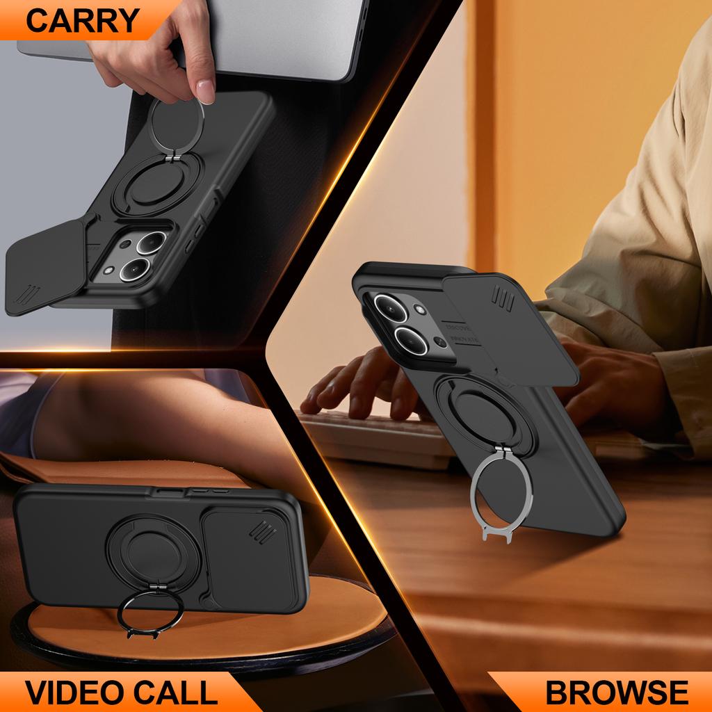 Sliding Camera Lens Protection Armor Case For Xiaomi Poco C85 Redmi 15C 4G 5G Metal Ring Stand TPU Frame Plastic Cover Fundas
