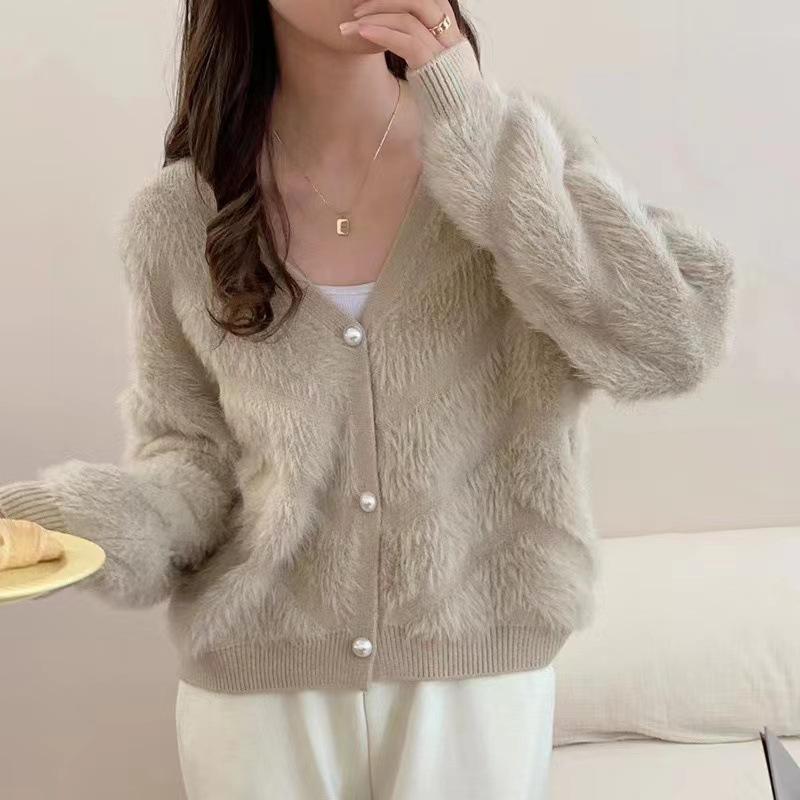 V-neck imitation mink fleece sweater women's autumn and winter new soft waxy top thickened loose lazy wind knitted cardigan jacket