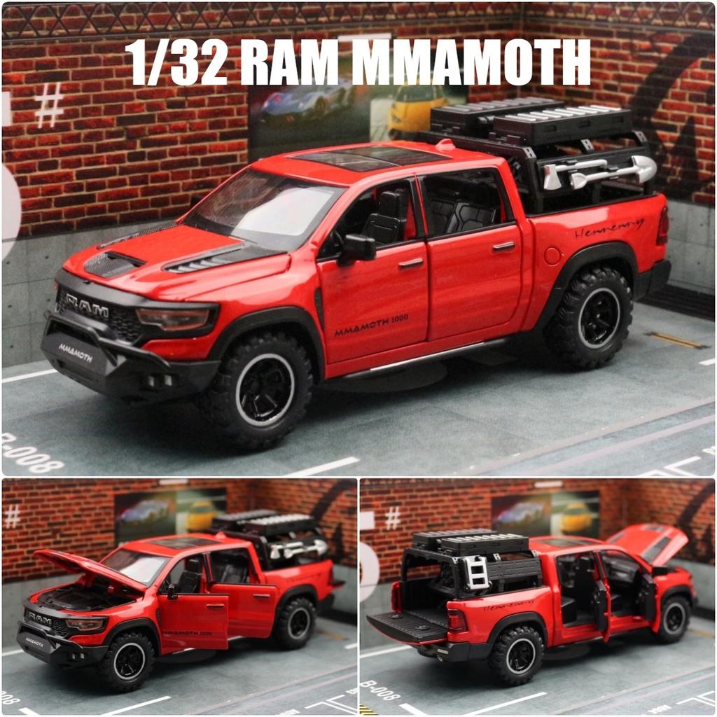 1/32 Dodge RAM MAMMOTH Pickup Spielzeugauto Miniatur-Druckguss-Metall-Geländewagenmodell Pull Back Sound Light Collection Geschenk Junge