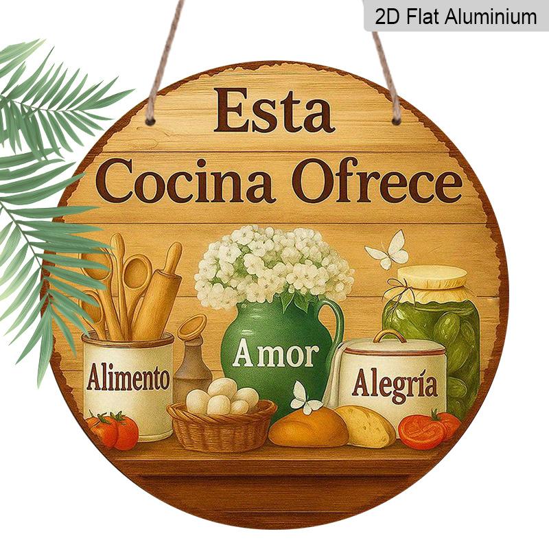 

2D Flat, 1pc 7.87 Inch Round Aluminum Sign, This Kitchen Offers Love & Joy Rustic Farmhouse Kitchen Design, Vintage Food & Floral Metal Wall Art 1pc