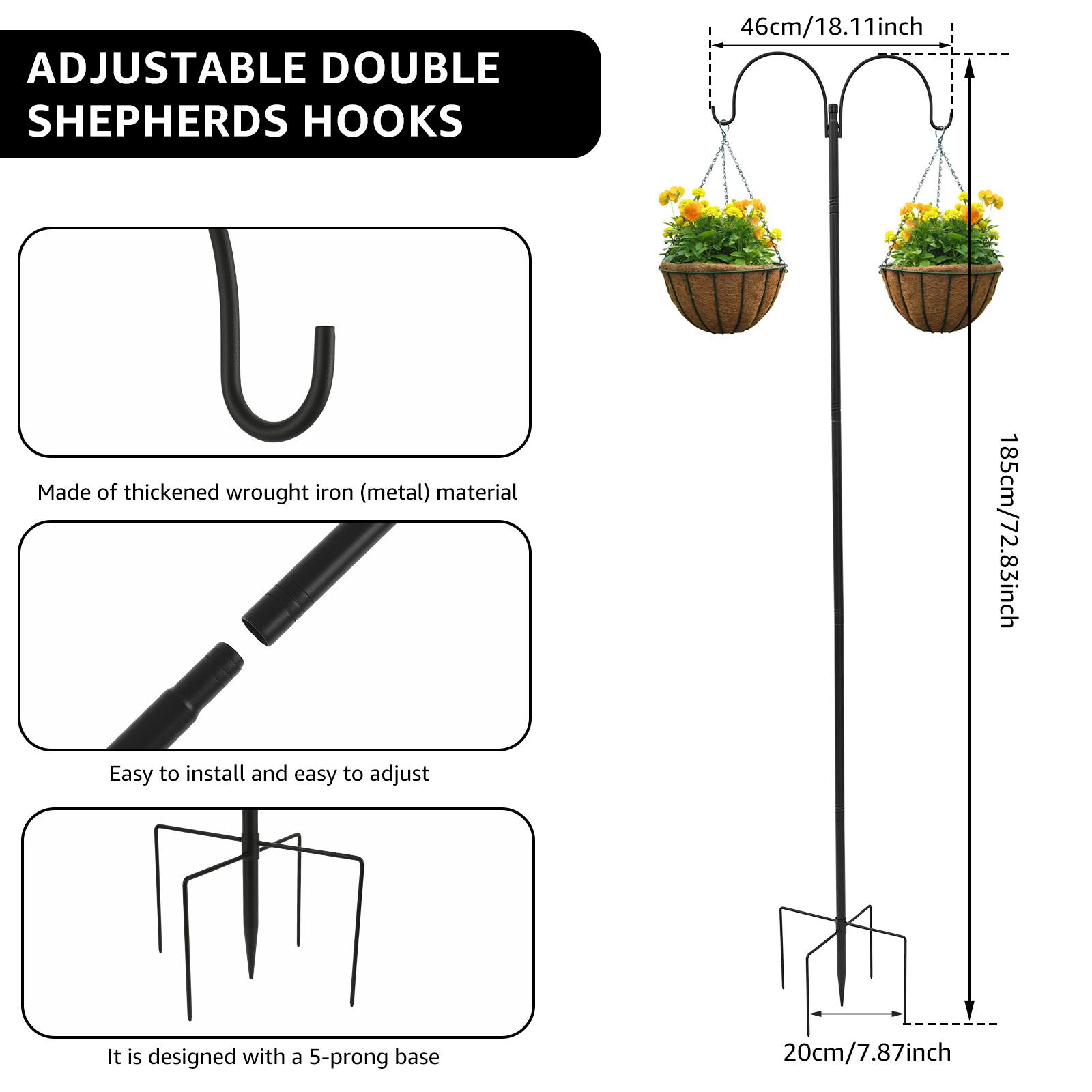 

185CM Shepherds Hook Metal Double Hook Bird Feeder Hanger Height Adjustable Flowerpot Holder for Outdoor Lawn Garden Decoration